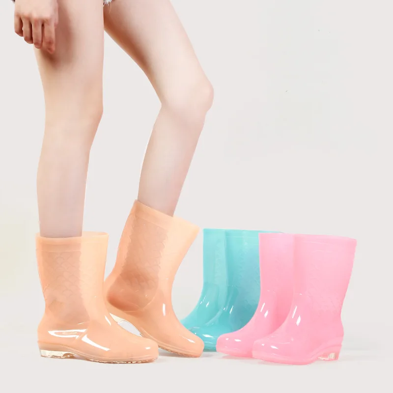 

New 2023 Women Fashion Jelly Colors PVC Rain Boots Mid-calf Waterproof Rainboots Non-slip Plaid Wellies Shoes AL67