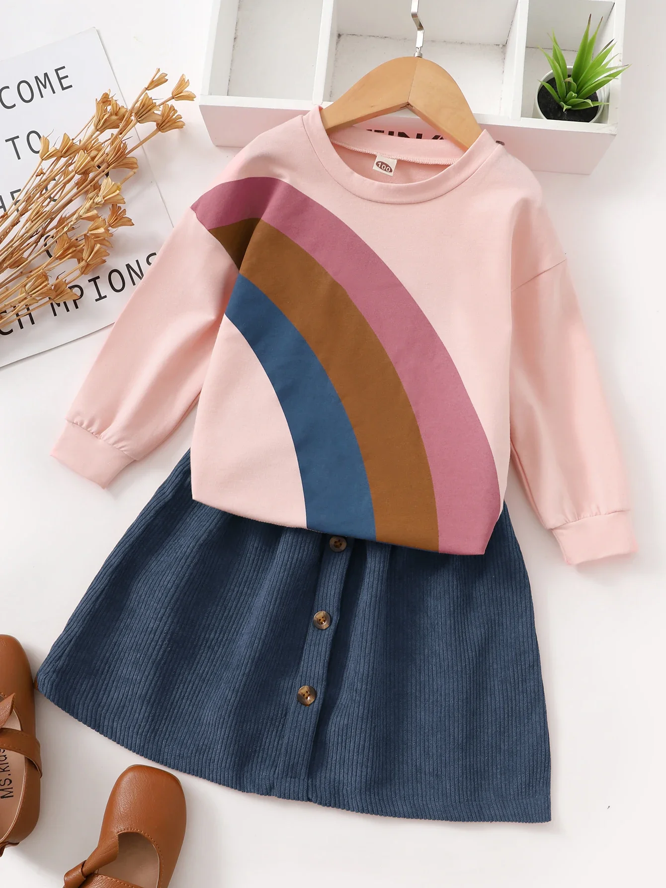 Girl's Rainbow Top and Corduroy Skirt Set 2