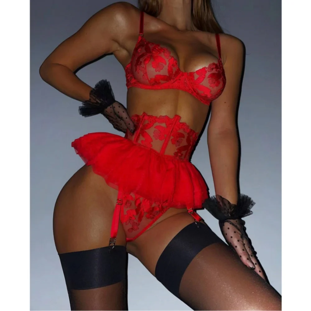 Flower Embroidered Bra Thong 3Pcs Sets Women Lingerie