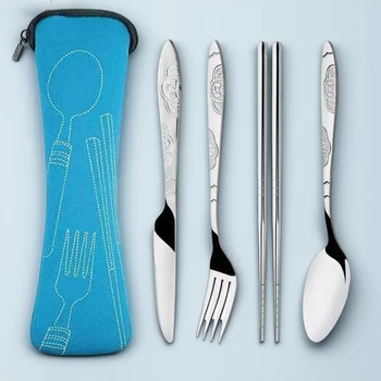 Set di posate portatili in acciaio inossidabile 4/3 pezzi Stoviglie da campeggio con borsa per uso familiare 1
