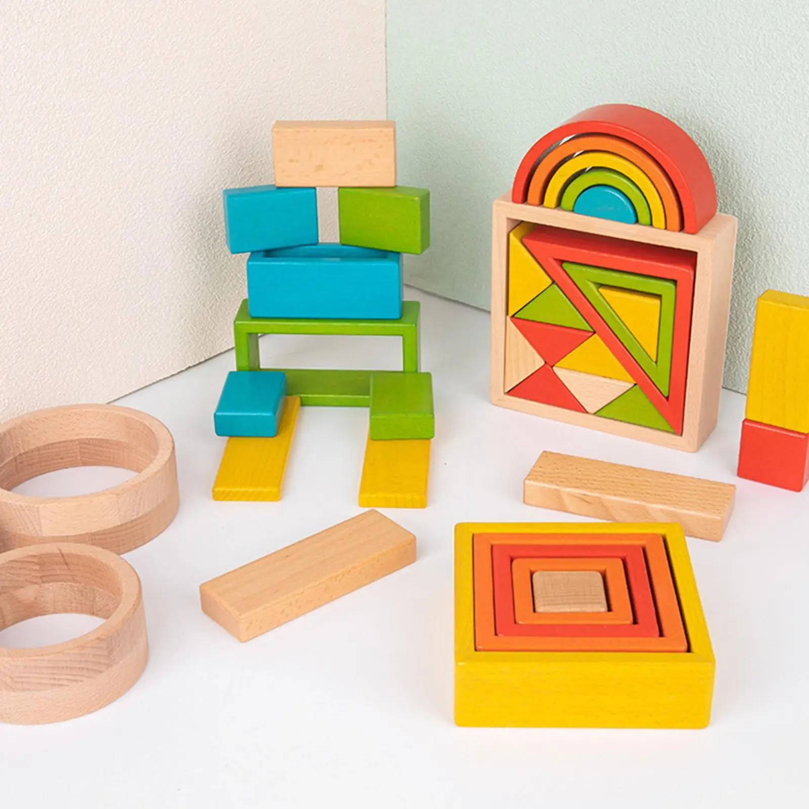 Wooden Stacker Nesting Puzzle Blocks Montessori Stacking Game for Preschool