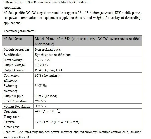 Mini360 RC Airplane Module Mini 360 DC Buck Converter 2A Step Down Module 4.75V-23V to 1V-17V 17x11x3.8mm LM2596