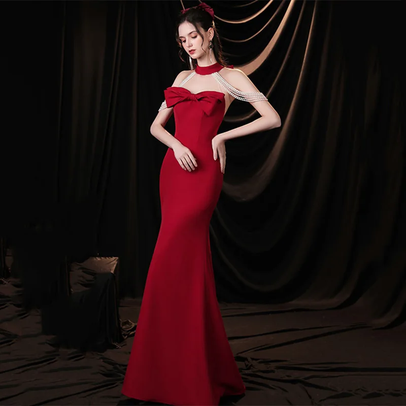 

Sexy Beading Long Mermaid Prom Dress Halter Party Gown 2023 Women Elegant Burgundy Backless Wedding Dress Toast Clothing