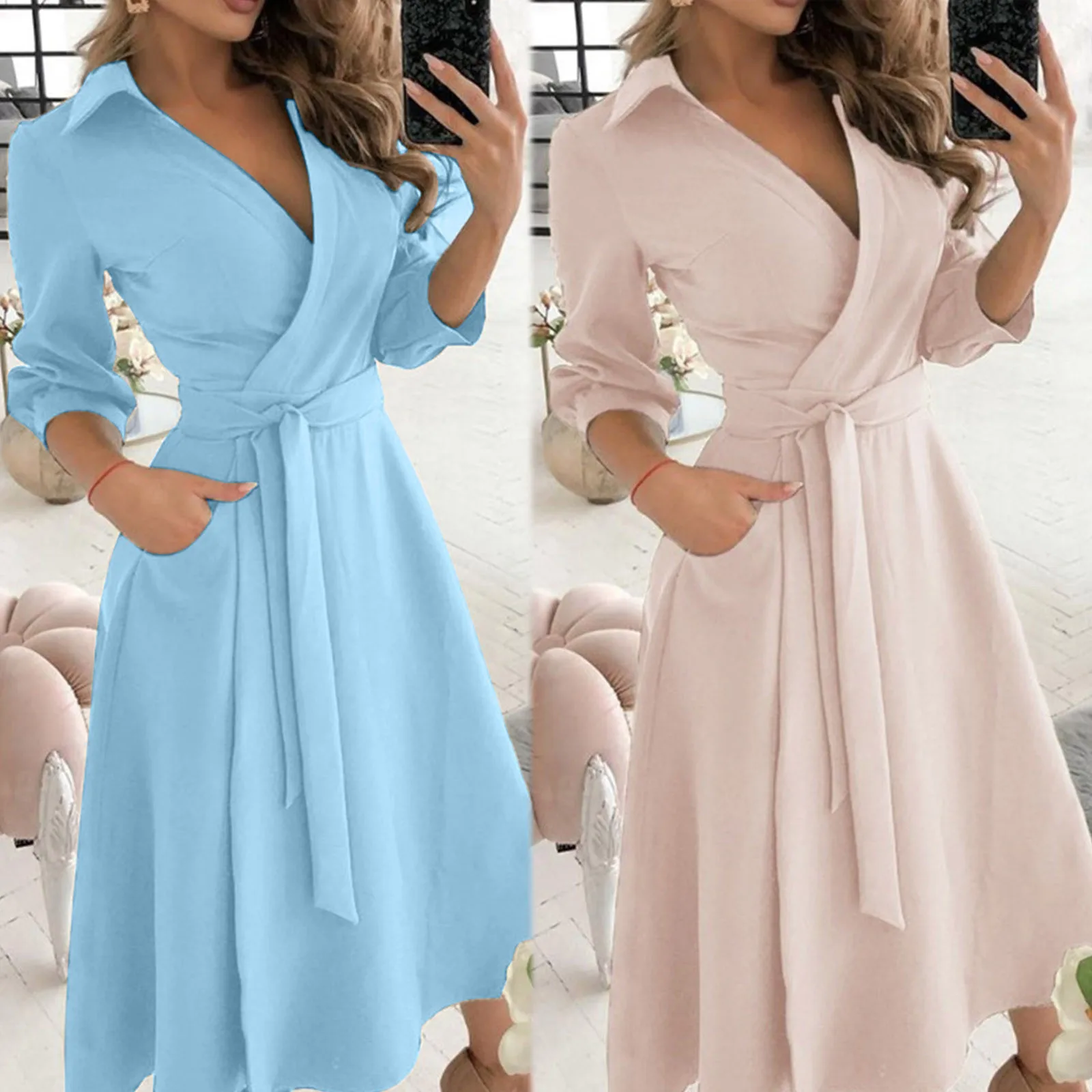 

Women Summer Dress 2022 Sexy V Neck Pure Color Belted Long Dress Office Lady Long Sleeve Elegant Dress Slim Body Wrap Hips Robe