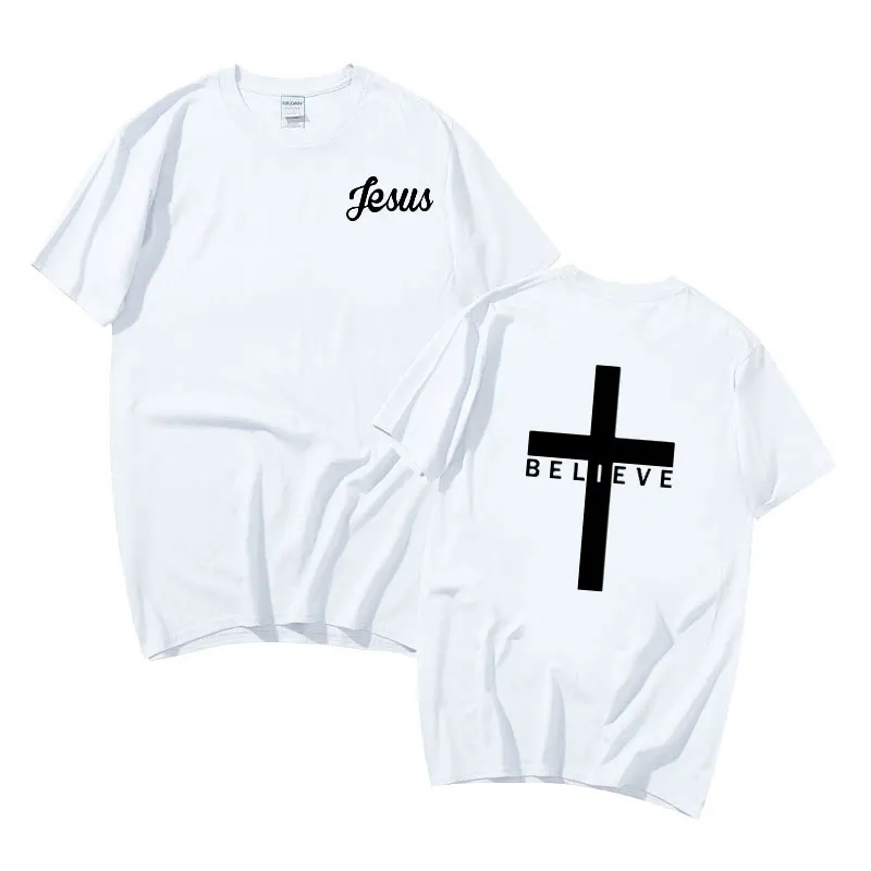 Baumwoll-Kreuz-Jesus-bedrucktes, lockeres, mehrfarbiges, kurzärmeliges, lässiges Herren- und Damen-T-Shirt_voghion.com