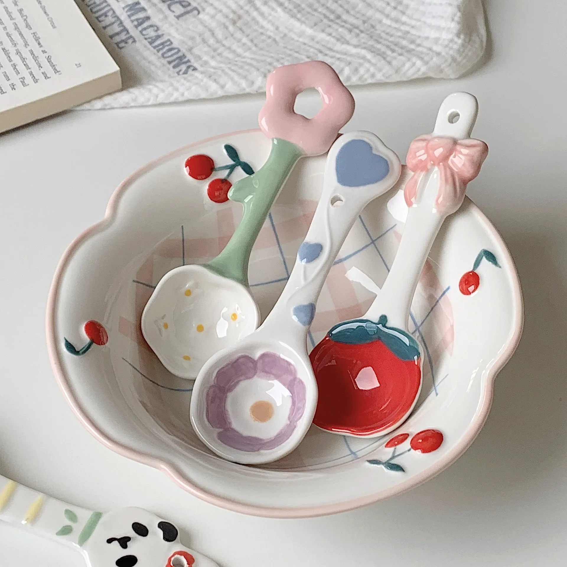 Creative Dessert Spoon Set with Korean Style Ins Ceramic Household Dinnerware, Ice-Cream Coffee Mixing Spoons Kawaii Design