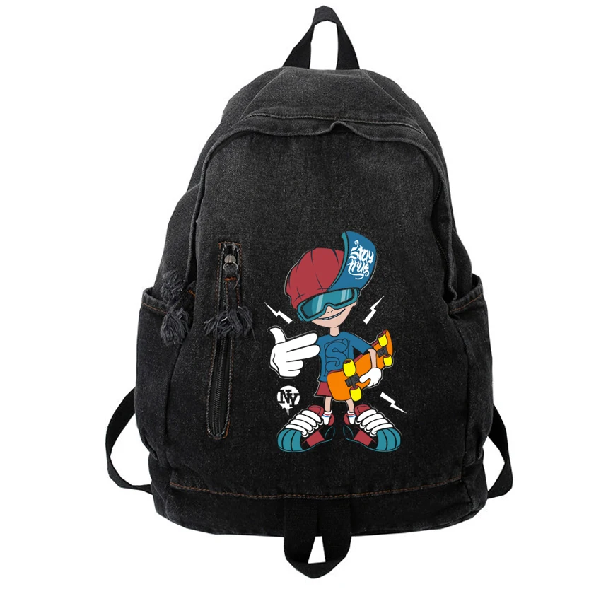 

Gradient Washed Denim Backpack Cartoon Anime Street Skateboard Pattern Print Women Unisex Trend Large Capacity Student Backpack