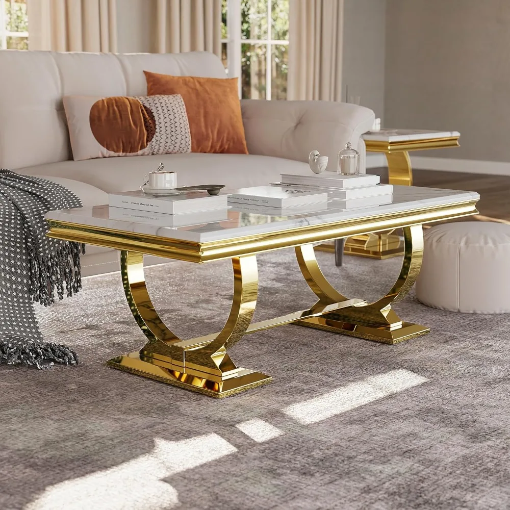 White and Gold Rectangle Living Room Tea Table, Elegant Coffee Tables for Living Room, Coffee table 4