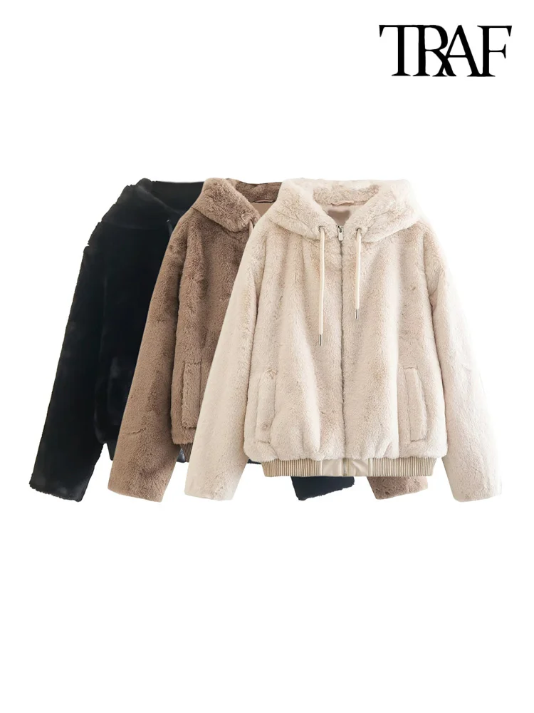 

Women Fashion Thick Warm Faux Fur Hooded Jacket Coat Vintage Long Sleeve Front Zipper Female Outerwear Chic Tops