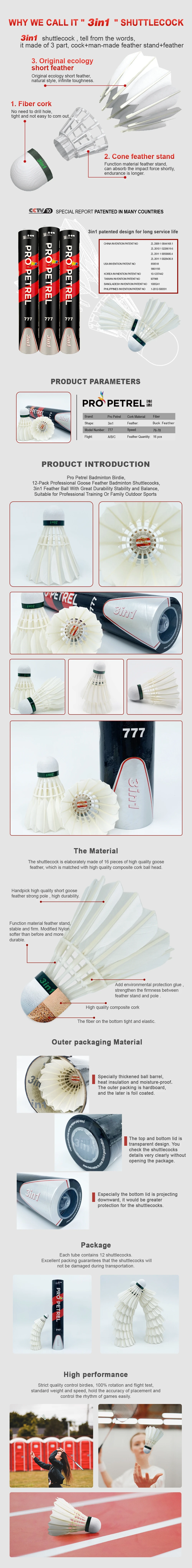 Description Picture 2 of item12PCs Pro Petrel 777 3in1 Class A Duck Durable Hybird Feather Shuttlecock Birdies Speed Environmental Shuttlecocks Sports Game