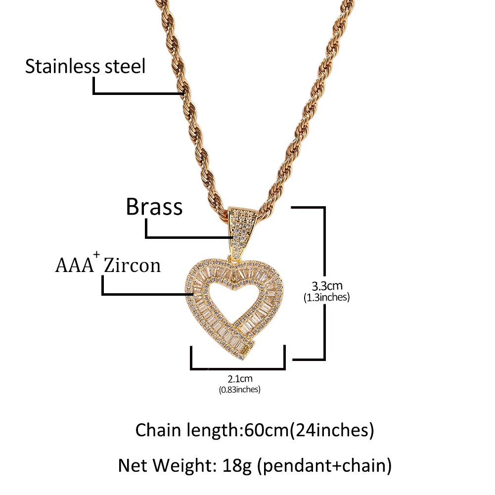 THE BLING KING BaguetteCZ Hollow Heart Jewelry Set Full Iced Cubic Zirconia Love Style Earrings Pendant Necklace Women Jewelry