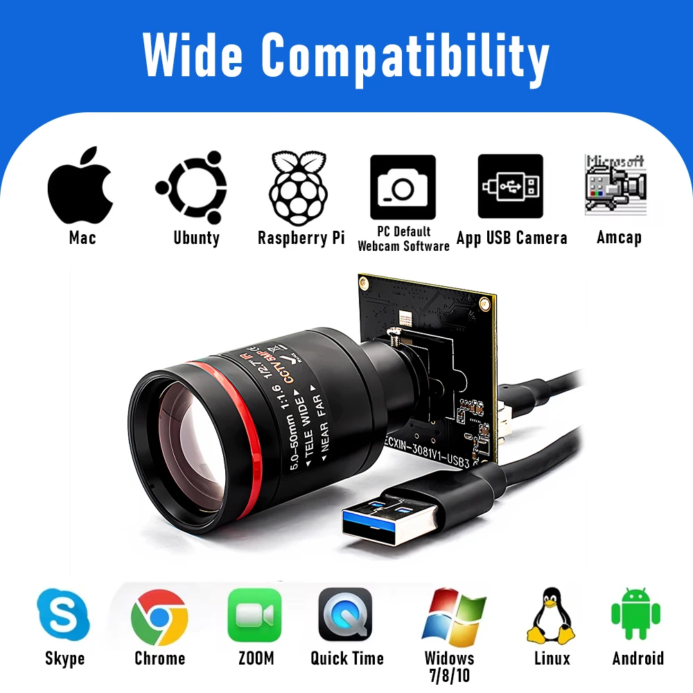 M12 Varifocal Lens 10X Zoom 2.3MP 120FPS Global Shutter USB3.0 Camera Plug And P