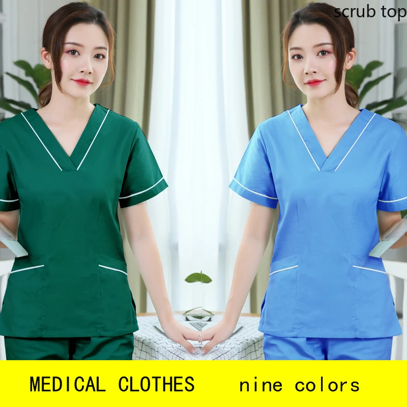 

Women Scrub Shirt Short Sleeve Nurse Uniform V Neck Medical Clothes Spa Workwear Doctor Costume Cotton Hospital Scrubs Plug Size