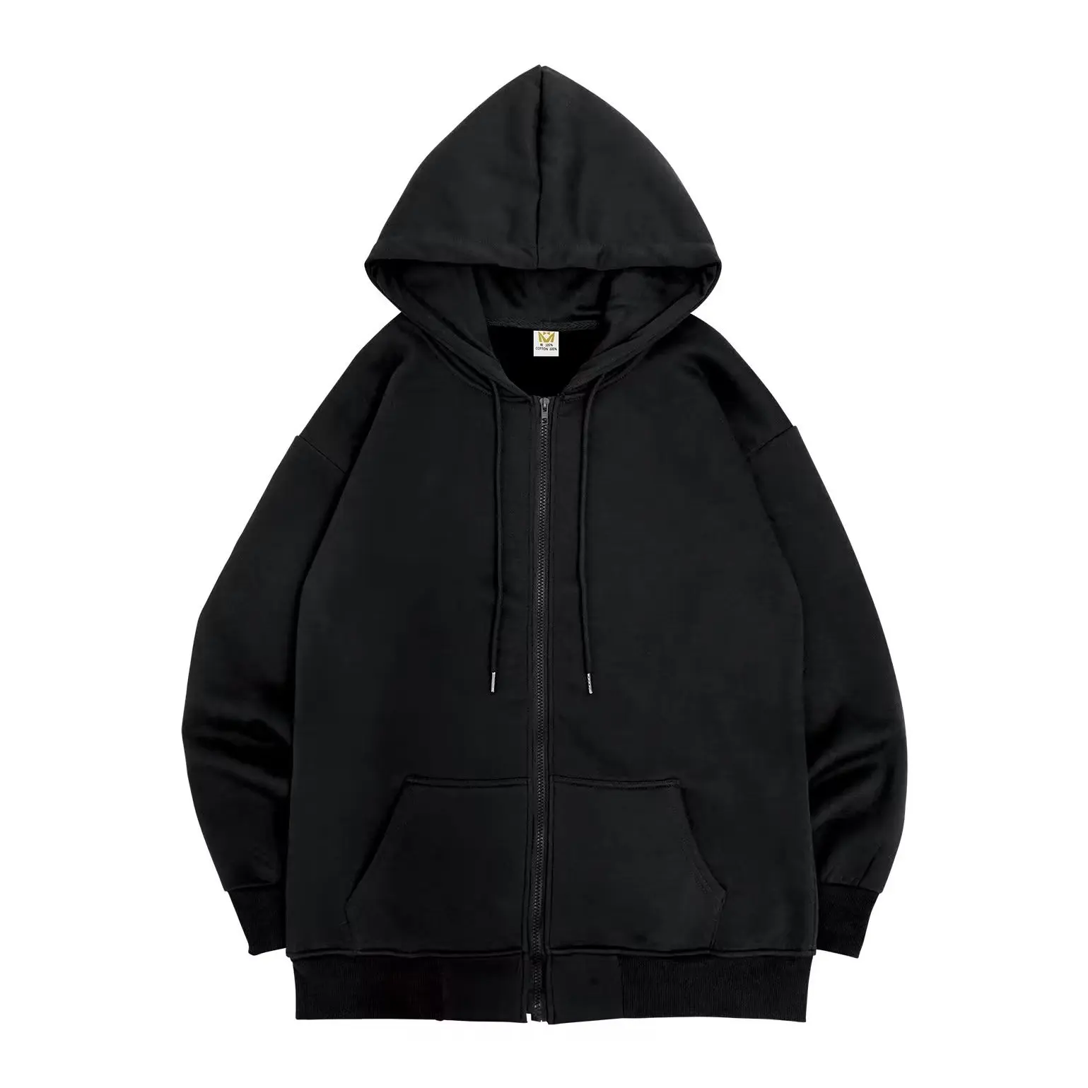 Black Zip Up Hoodie Unisex Casual Street Style Sweatshirt Basic Solid Color Hooded Top for All-Match Outfits"