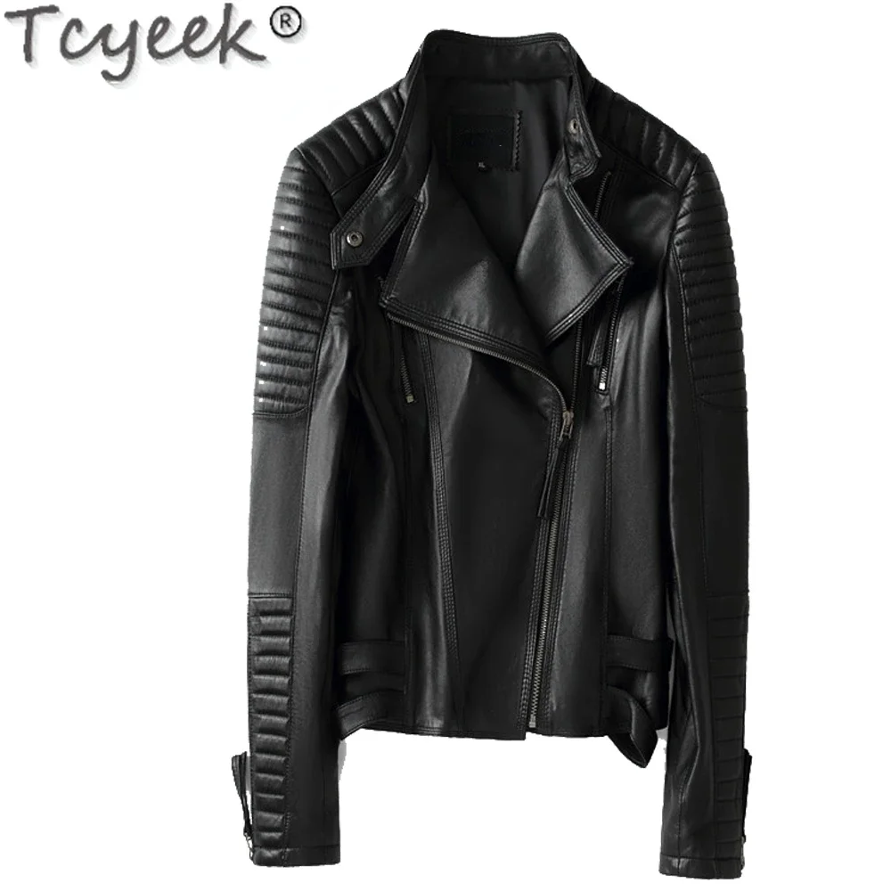 

Tcyeek Sheepskin Women Loose Casual Biker Jackets Outwear Female Tops BF Style Black and Red Real Genuine Leather Coat RZBY235