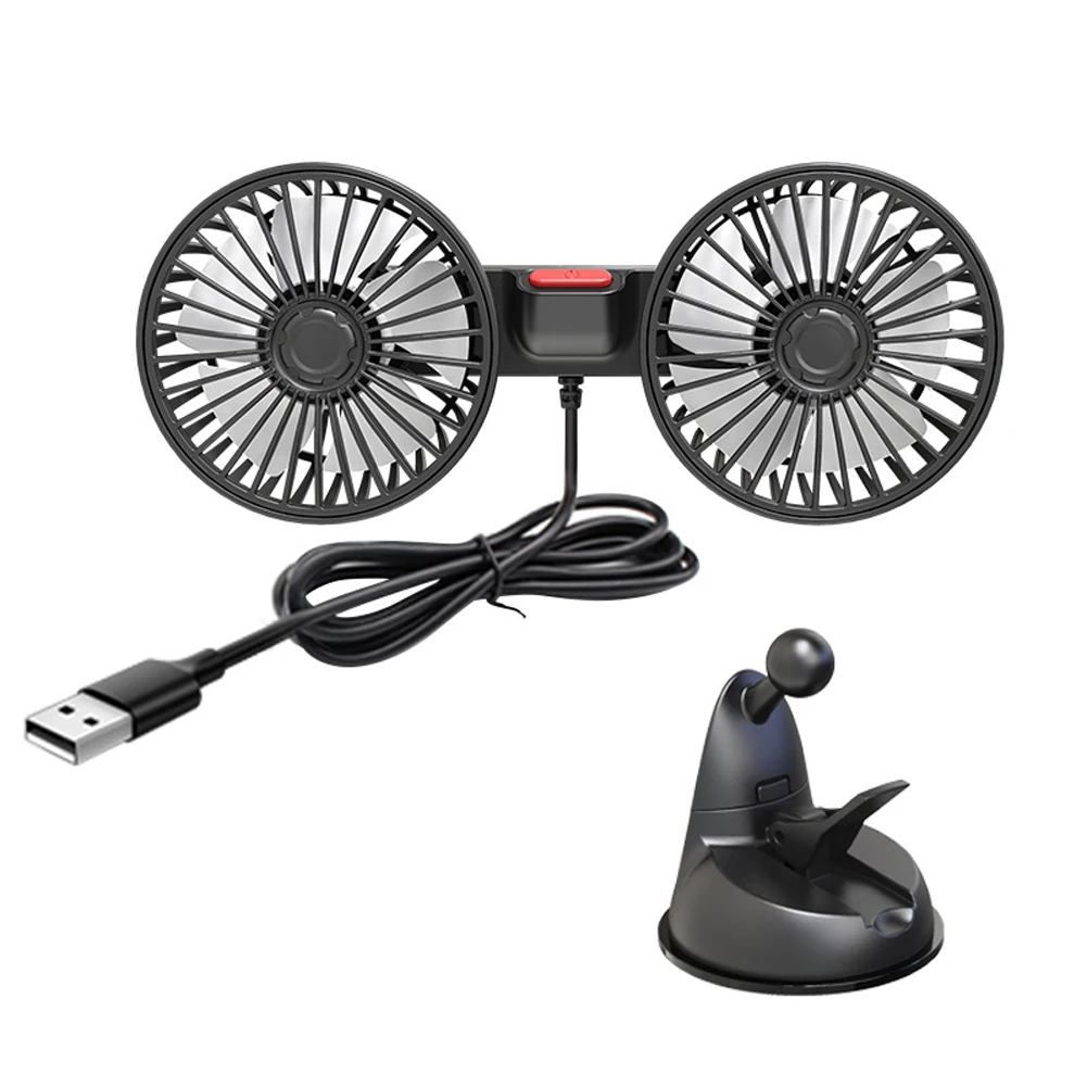 차량 장착 선풍기 듀얼 헤드 전기 공기 순환기, USB 5V, 360 도 회전, 3 단 조절 가능, 자동차 전기 기기