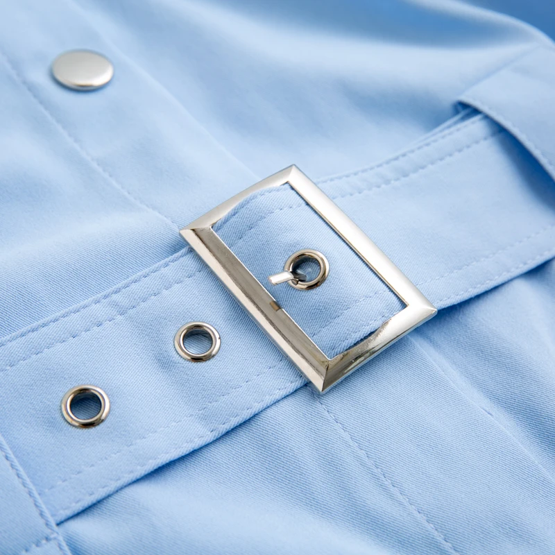 BerryGo Elegant 2022 summer shirt dress short sleeve office dress women Single breasted belt mini dress Blue pocket work vestido