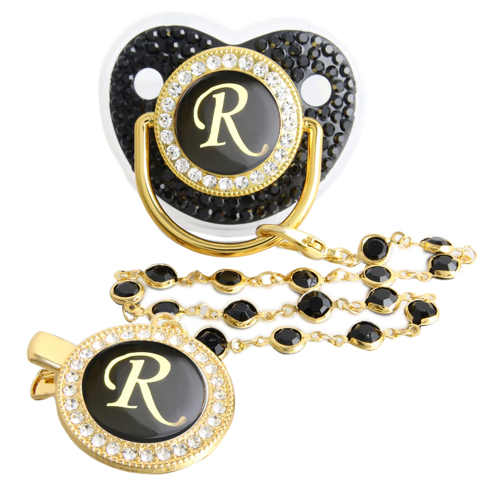 26 Letters Bling Black Baby Pacifier with Gem Bead Chain Gem Clip /Teether Toy 4