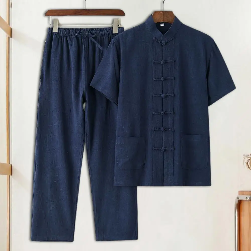 2 Pieces/set Men's Tops And Trousers Suit Retro Chinese Style Single-breasted Stand-up Collar Short-sleeved Wide-leg Suit