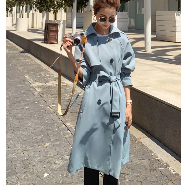 2021 Women Trench Coat Turn Down Collar Blue Long Trench Femme Women Autumn Long Coat With Belt Streetwear down parka