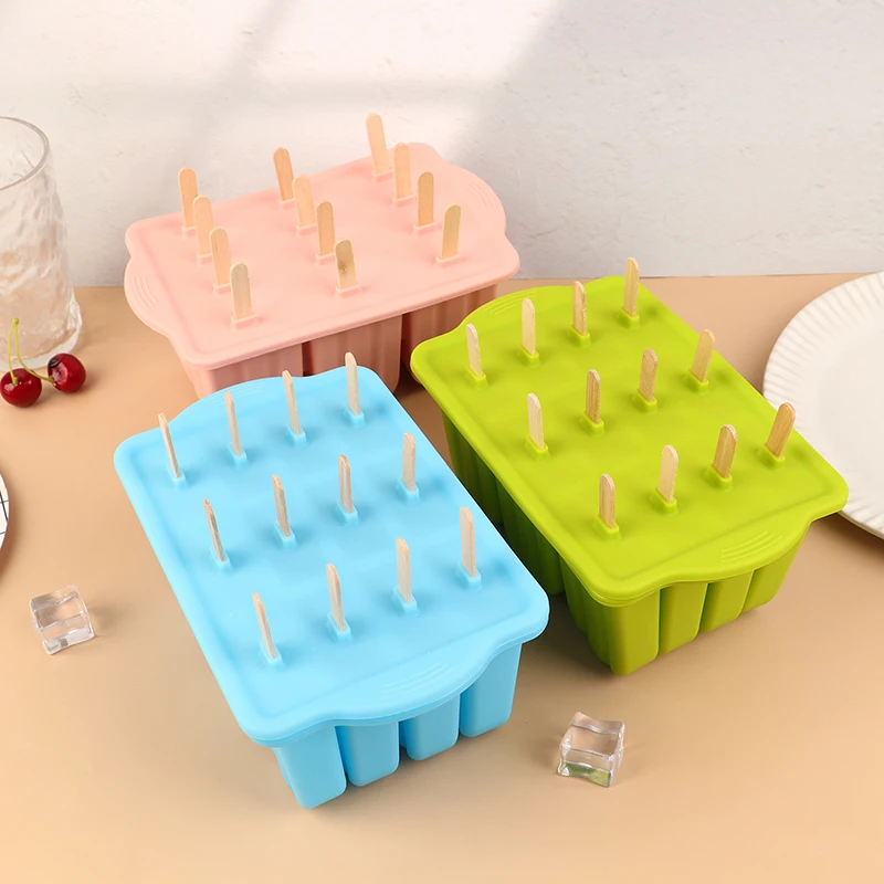 

1Pc 12 Cavity Silicone Ice Cream Mold with Cover DIY Popsicle Box Lolly Mould Dessert Ice Cube Tray Maker Kitchen Gadgets