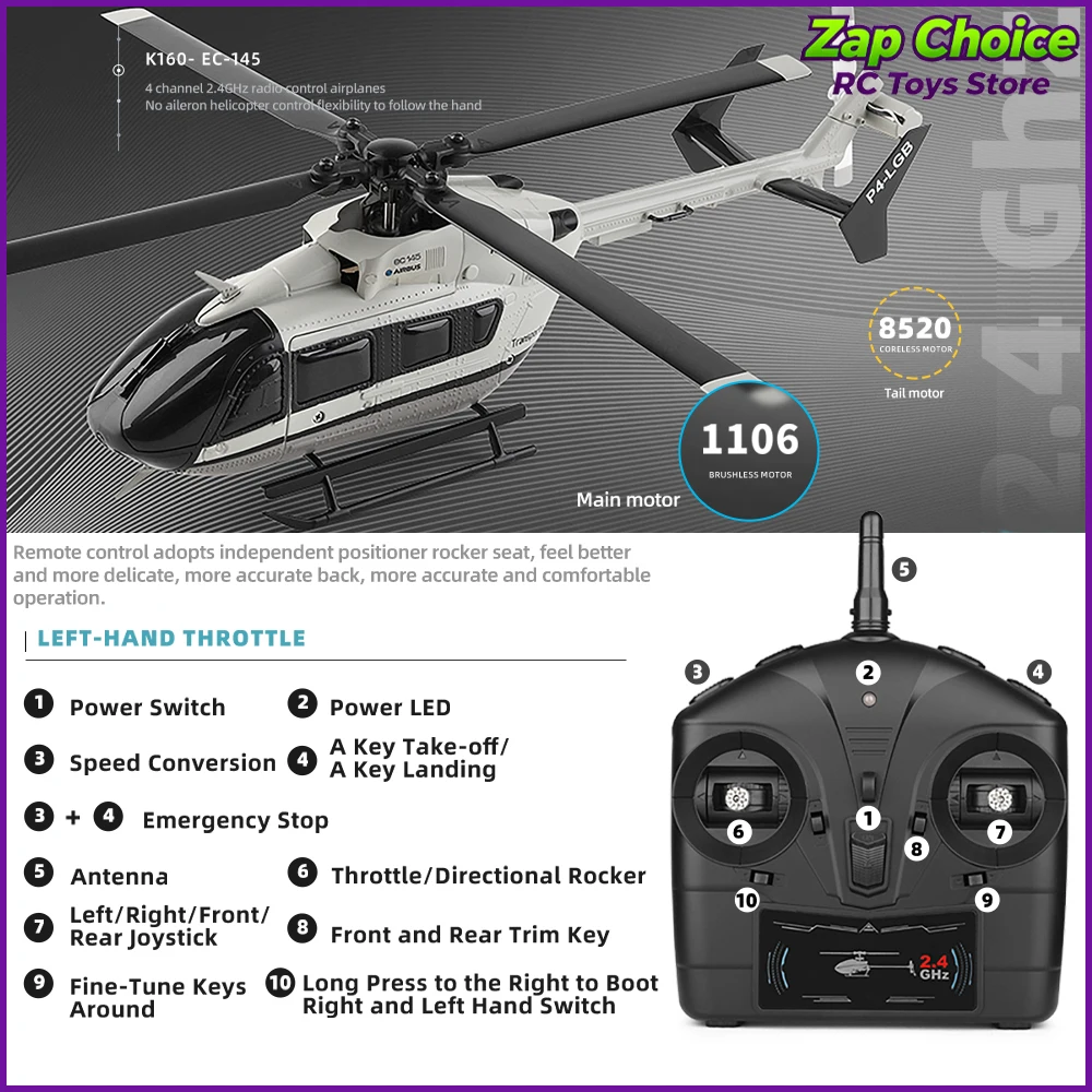 Hélicoptère RC WLtoys K160 EC-145 Brushless Gyroscope 6G RTF posé sur une surface plane, vue de côté