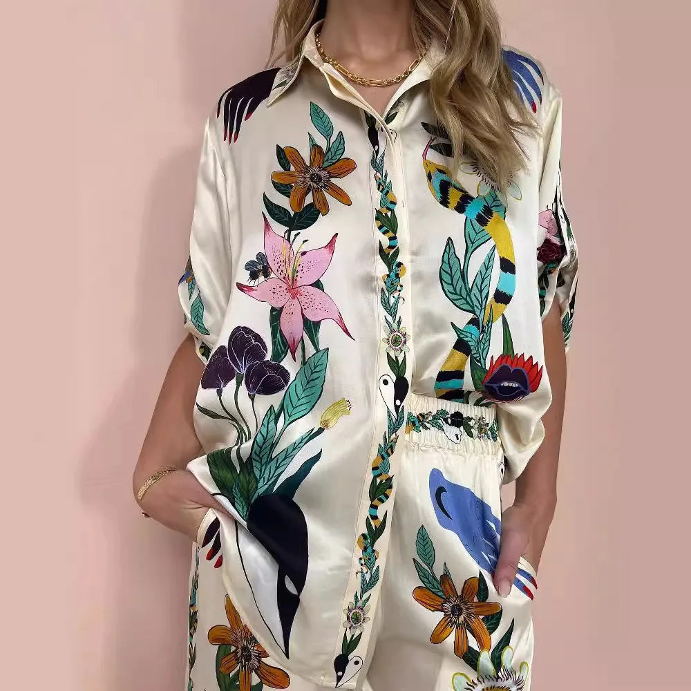 New Women Spring Chiffon Hand-Painted Printing Satin Surface Short Sleeve Lapel Collar Shirt Loose Trousers Casual Two Piece Set