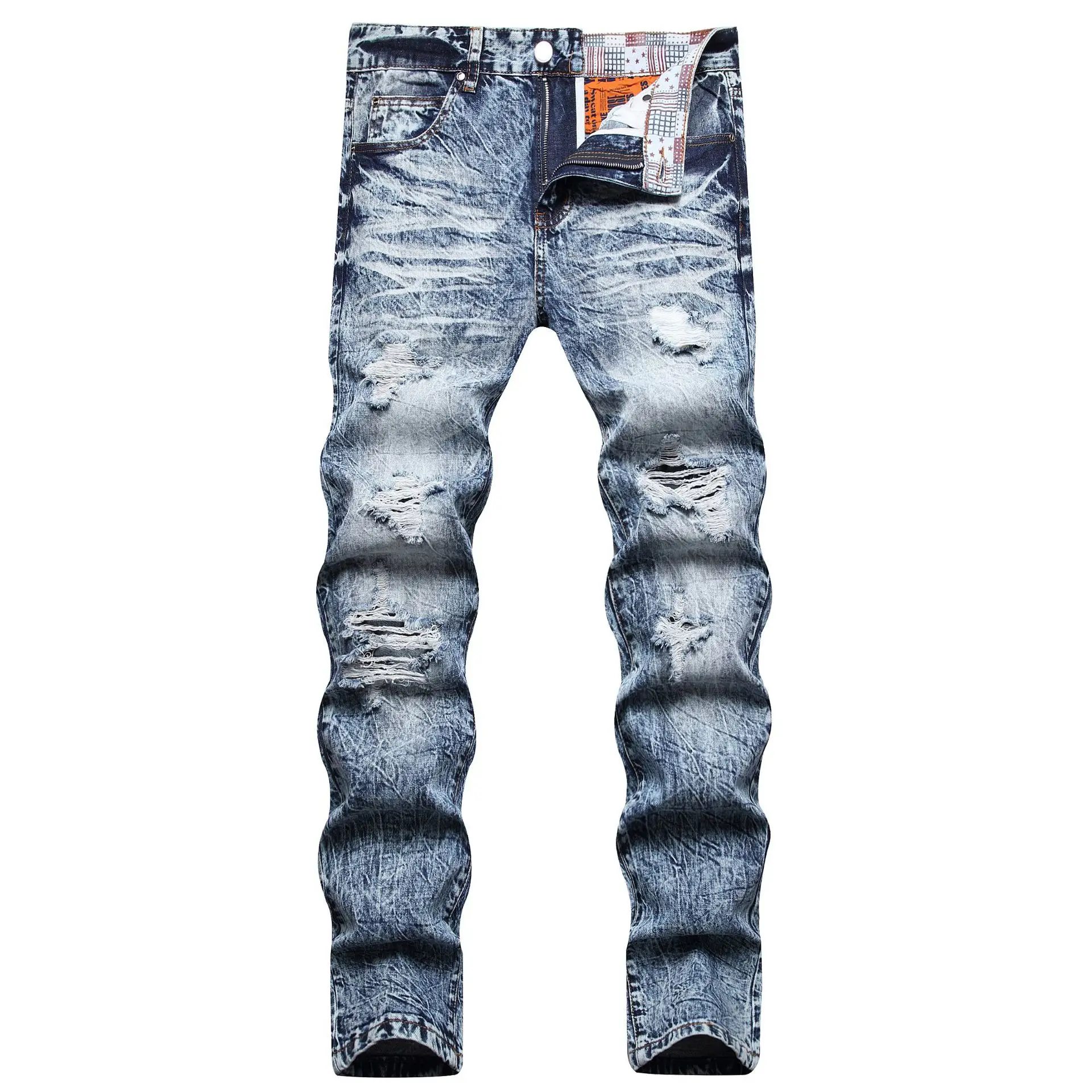 Autumn and winter high-end brand ripped jeans male Korean light trend elastic small feet fashion large size slim pants