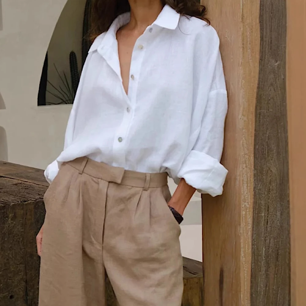 White Cotton Long Sleeve Slim Fit Women Blouse for Spring Autumn Workwear