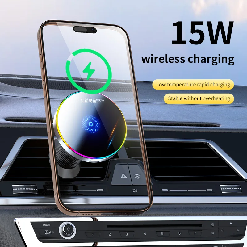 15W RGB Magnetic Wireless Charger Air Vent Phone Stand For Magsafe iPhone 17 16 15 14 13 12 Pro Max Fast Charging Station Mount
