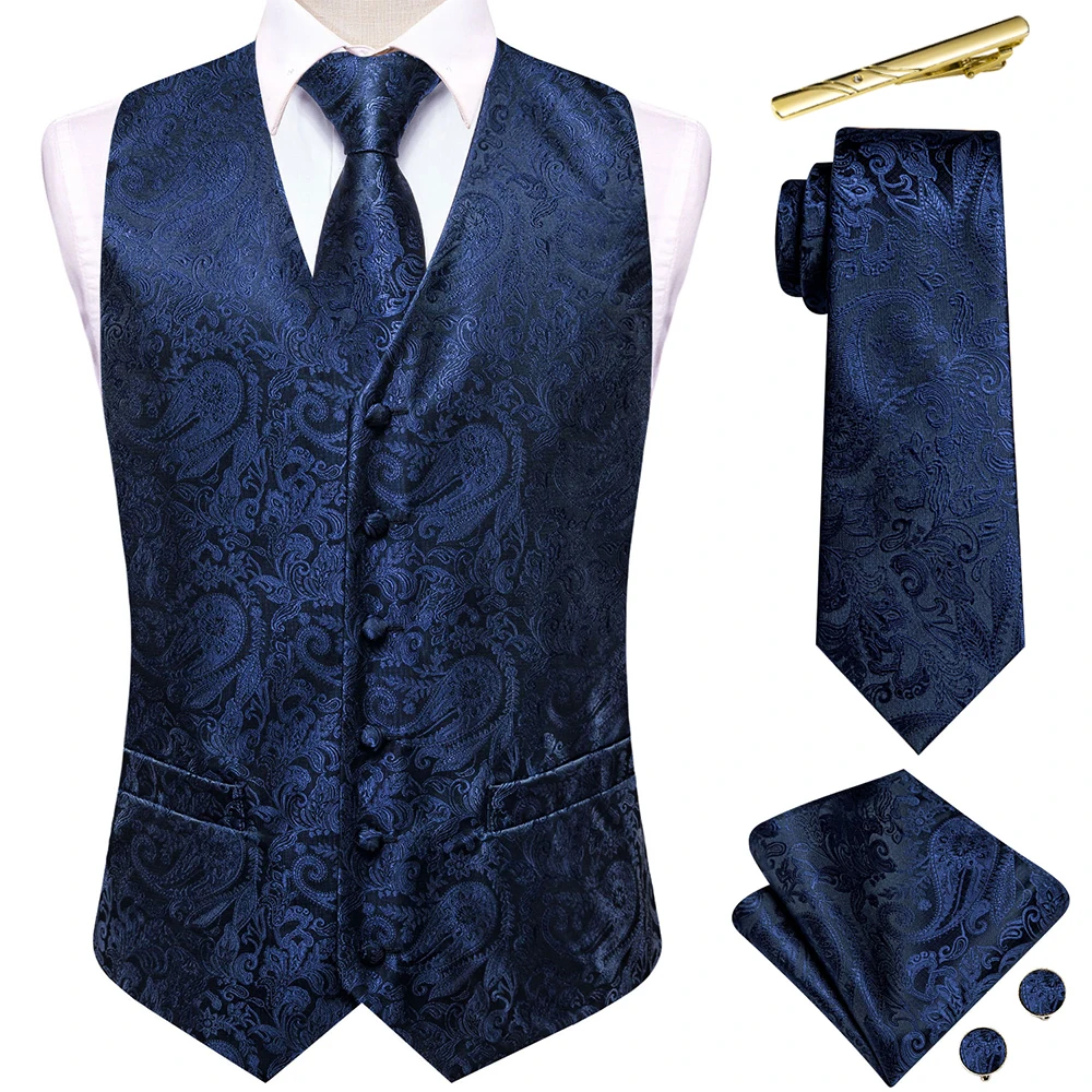 

Hi-Tie Paisley Silk Vests For Men Navy Blue Jacquard Sleeveless Waistcoat Jacket Necktie Hanky Cufflinks Set Business Party Gift