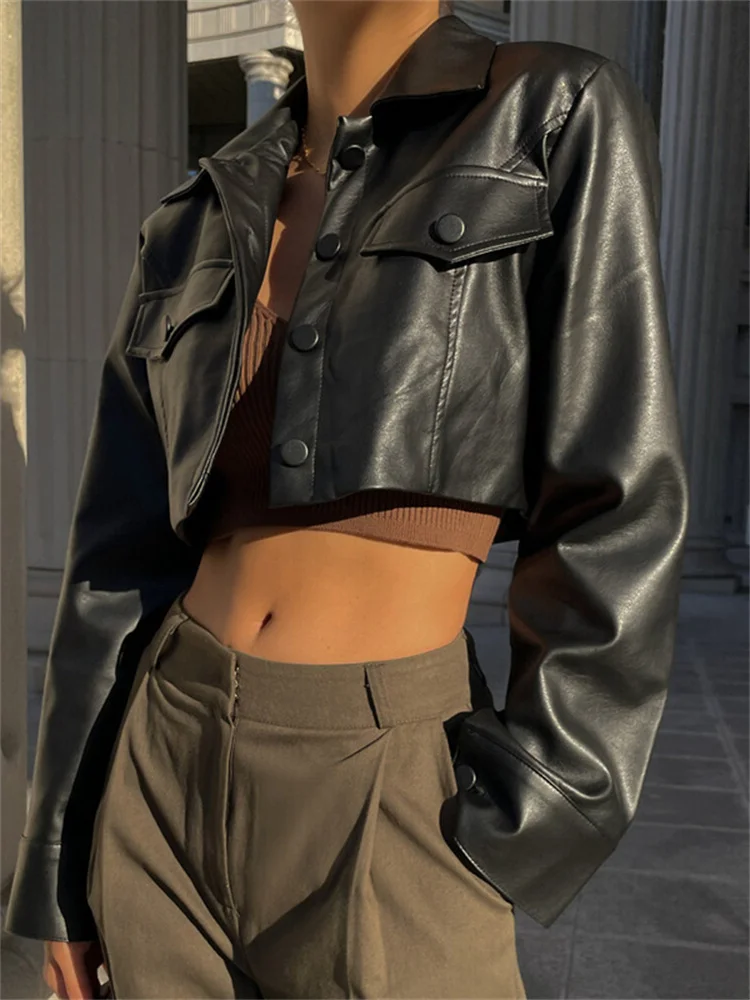 Women PU Leather Jacket Solid Color Long Sleeve Button Down Crop Tops Coats Korean Fashion Autumn Outerwear Streetwear_voghion.com