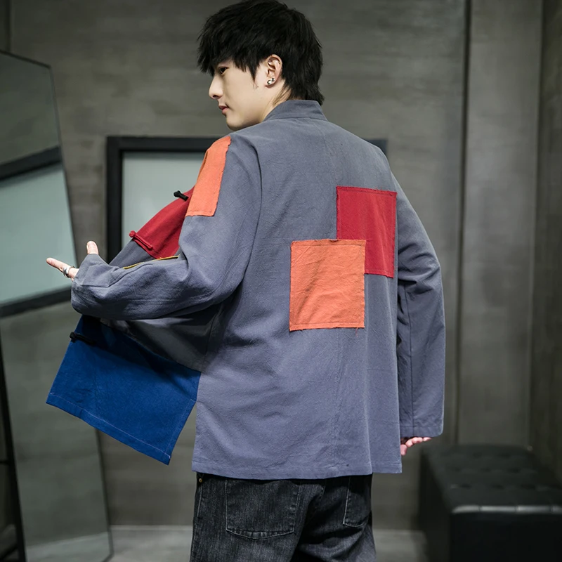 

Creative Patchwork Stitching Contrast Color Beggar Cloth Jacket Jacket Retro Zen Suit Long-sleeved Tang Suit Men's Plus Size Top