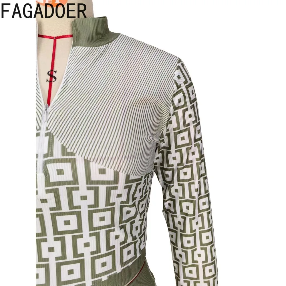 FAGADOER Autumn Pink Print Women Sets Outfits Zipper Stand Collar Long Sleeve Top Pants Sets Casual Fashion 2 Pieces Suit Set