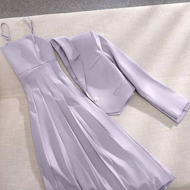 

Insozkdg Spring Summer 2pcs Set Women Long Sleeve Blazer Crop Tops and Pleated Spaghetti Strap Dress Suit College Style