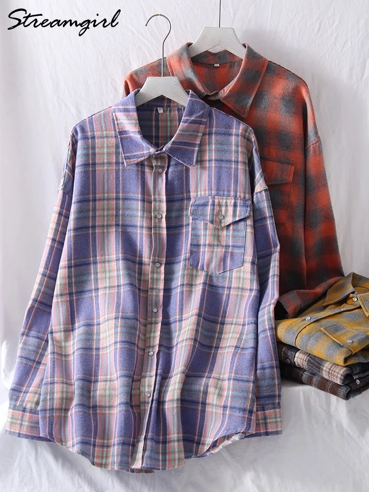 Women Shirts Plaid Oversized Shirts For Women Office Spring Loose Buttoned Shirt Pocket Long Sleeve Vintage Blouses