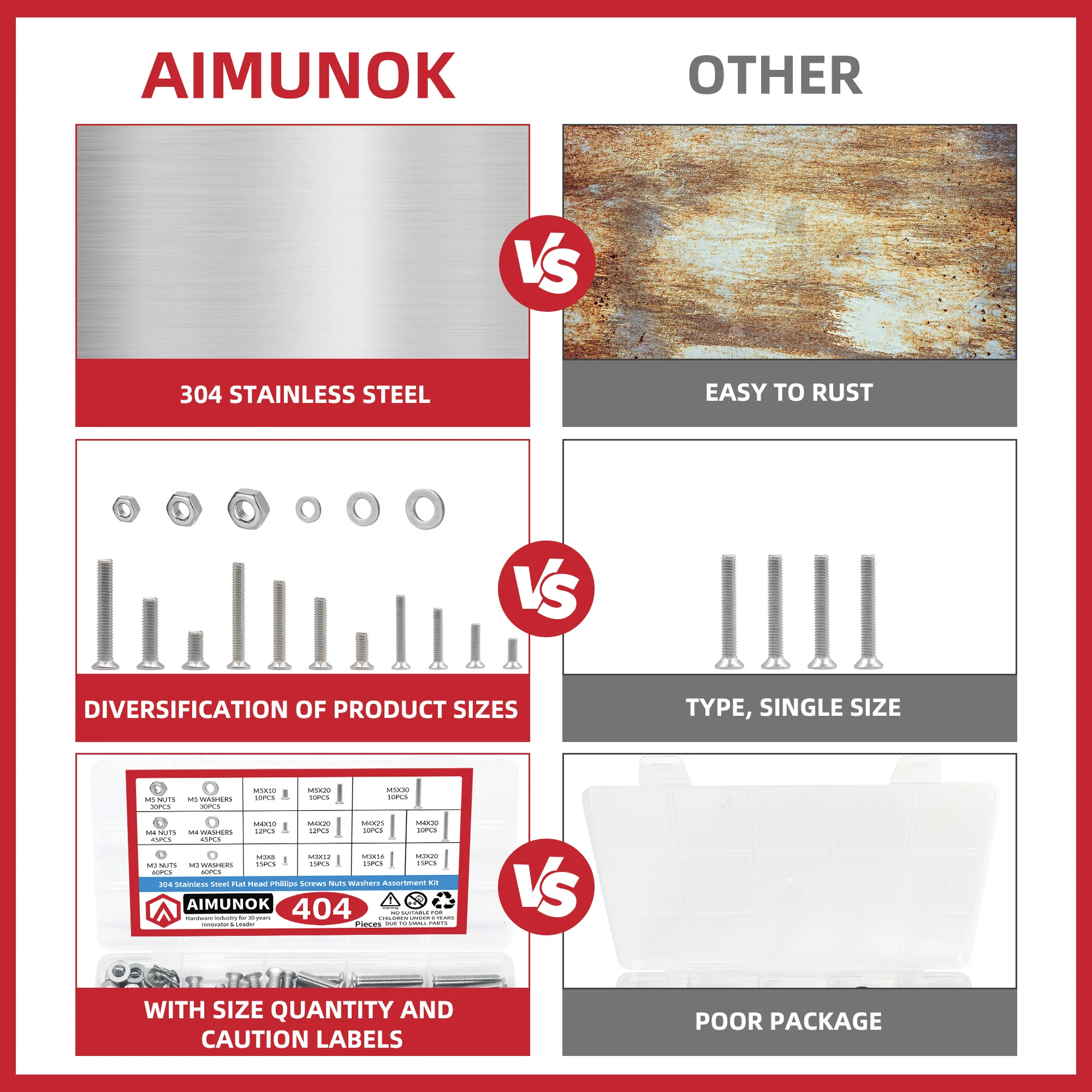 404pcs countersunk Head Screws with Nose Screw Set M3 M4 M5 Screw and nut washers 304 Stainless Steel Cross countersunk Head Scr