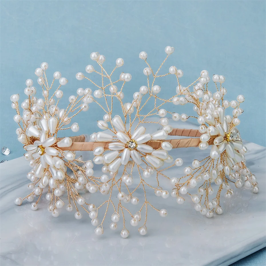 Efily Trendy Handmade Pearl Bridal Headband Headpiece Wedding Hair Accessories for Women Tiara Crown Bride Head Jewelry Gift