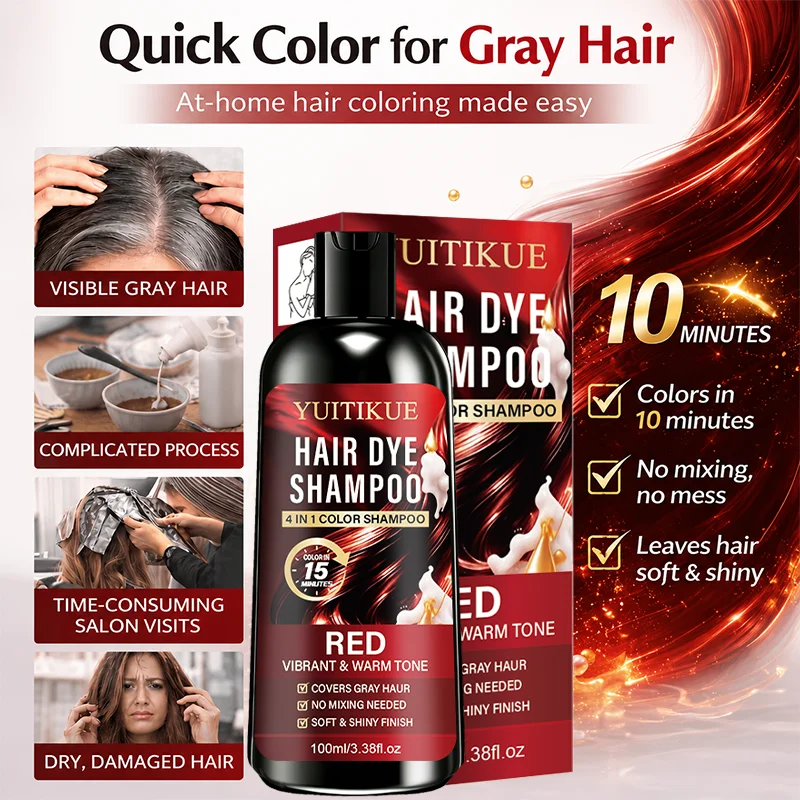 YUITIKUE Shampoo colorante rosso 4 in 1, colore caldo a lunga durata, shampoo colorante rapido per coprire i capelli bianchi e grigi - immagine 6