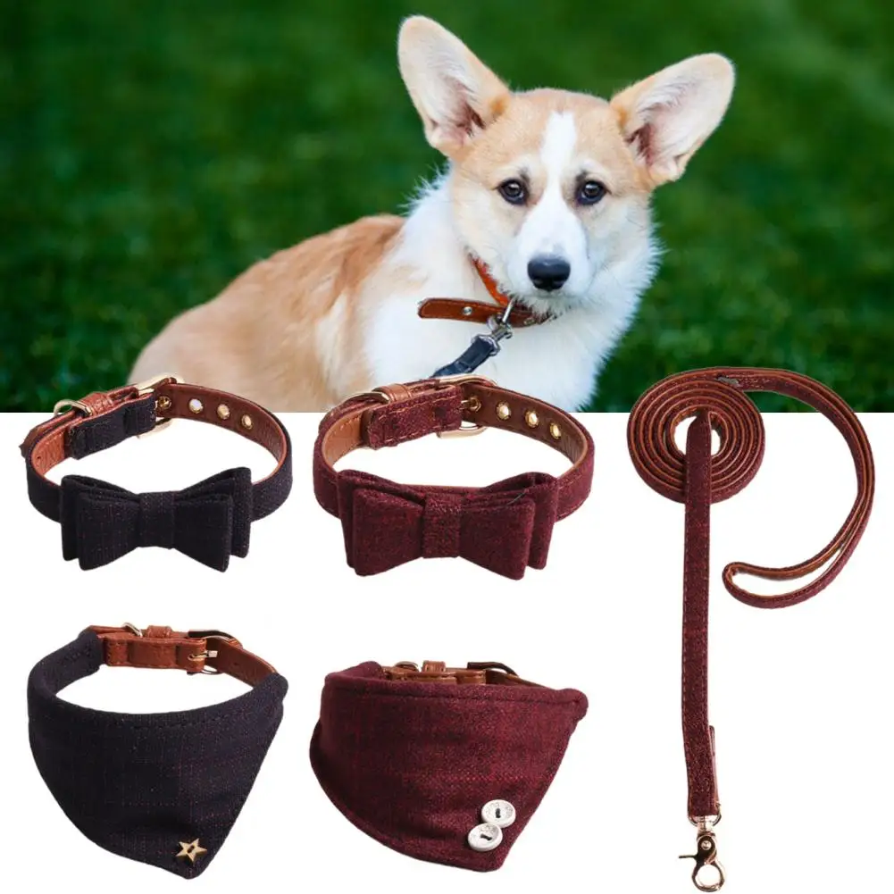 

3Pcs/Set Dog Collar Set Vintage Style Bowknot Tie Puppy Collar Plaid Print Soft Kitten Collar Kit Leash Rope Set For Outdoor