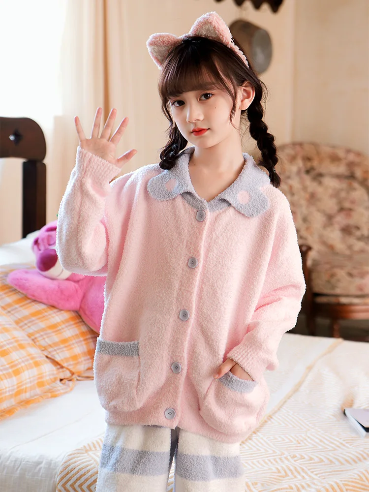 

Children's Flannel Pajama Set Girls' Autumn Winter Cartoon Thickened Comfortable Cotton Pajama Set Teenager Warm Home Clothing