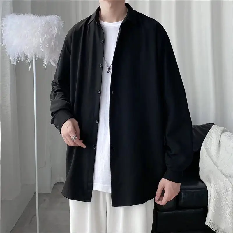 2024 Spring and Summer Hong Kong Style Salt Solid Color Light Mature Style Top Minimalist Flip Collar Casual Loose Shirt for Men