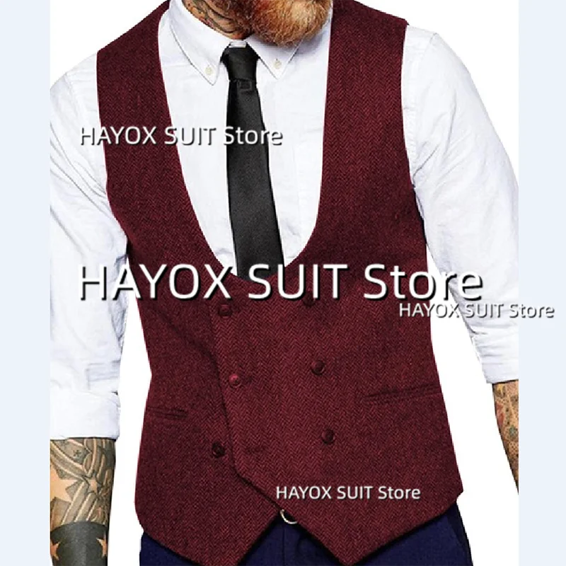 Men's Slim Fit Suit Vest Double Breasted Herringbone Tweed Tank TopSleeveless Jackets Vintage Tooling Tuxedo 2