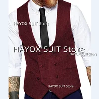 Men's Slim Fit Suit Vest Double Breasted Herringbone Tweed Tank TopSleeveless Jackets Vintage Tooling Tuxedo 2