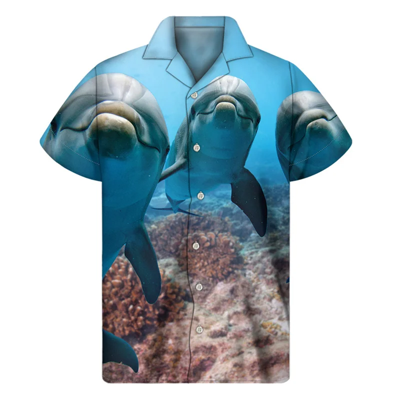 thumbnail image 1 of Camisa hawaiana con estampado 3D de delfines y dibujos animados para hombre, camisetas de manga corta a la moda Harajuku, blusa con botones, 1 of 5