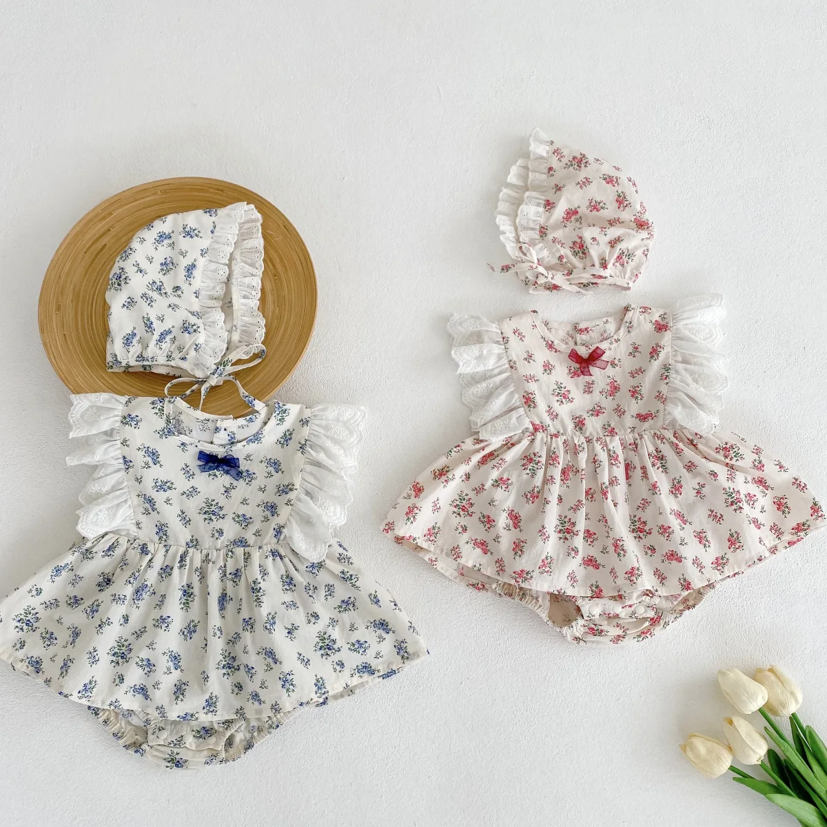 2022 Summer New Female Baby Floral Tight Jumpsuit Girl Lace Jumpsuit Newborn Suit 2-piece Set baby shirt clothing set