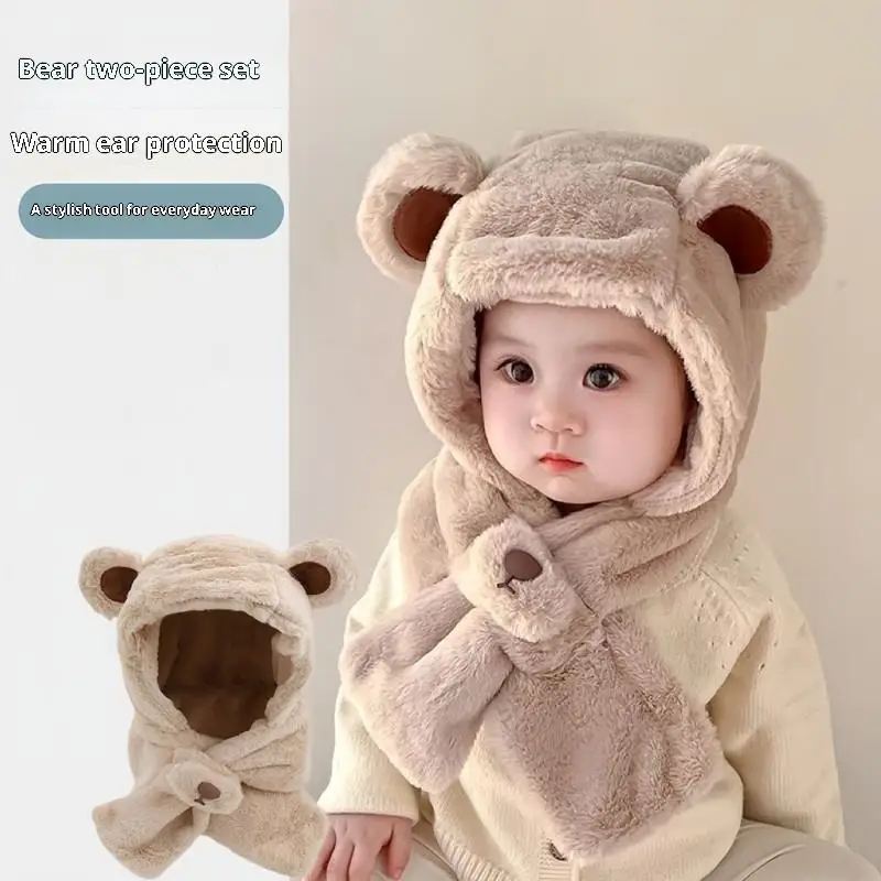 Thickened Bear Integrated Baby Hat Winter Children's Anti-wind Cap Plush Scarf Boys And Girls Winter Accessories One-piece