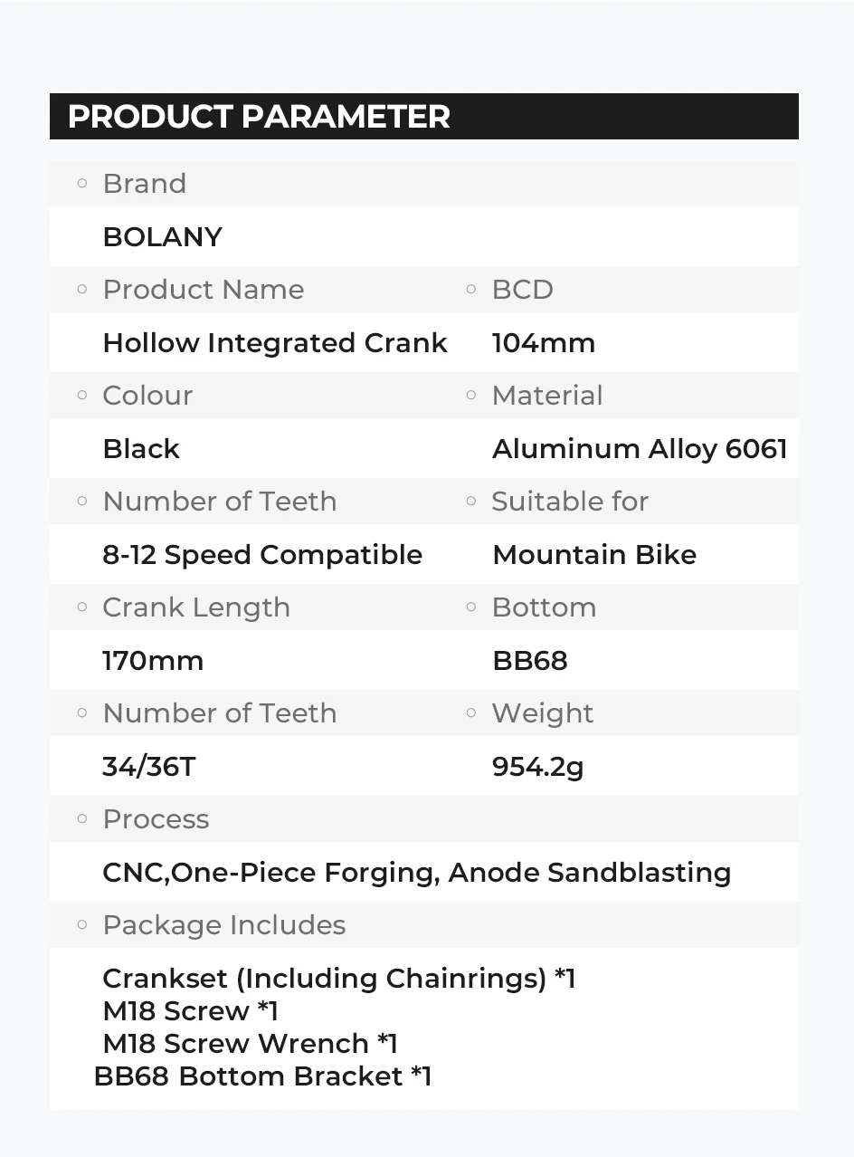 Description Picture 3 of itemBOLANY Bicycle Crankset 170mm 104BCD Mountain Bike Double Disc Crank with Bottom Bracket 34T 36T 38T Aluminum Alloy Bike Cranks