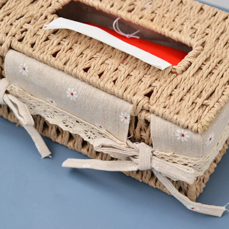 Grass Woven Tissue Box Drawstring Box Living Room Napkin Box Creative Fabric Extraction Solid Wood Tissue Storage Box 5
