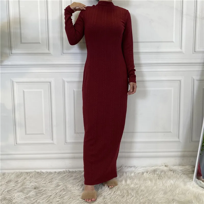 2023 Muslim Abayat Solid Color Knitting Sweater Bottoming Women's Dress Long Sleeve Medium High Collar Robe Femme Musulman